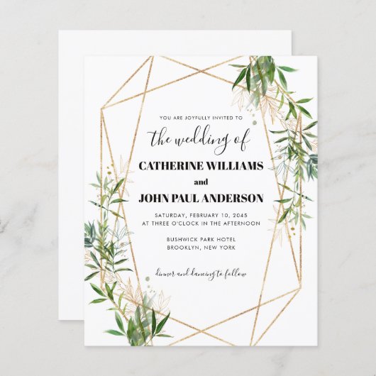 Budget Greenery Leaf Foliage Gold Moderne Hochzeit (Vorne/Hinten)