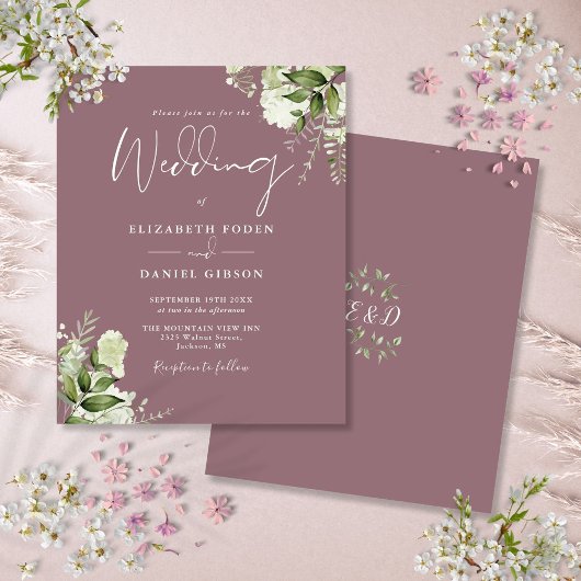 Budget Greenery Mauve Wedding Einladung