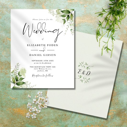 Budget Greenery Monogram Wedding Einladung