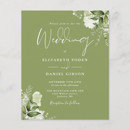 Budget Greenery Moss Green Wedding Einladung (Vorderseite)