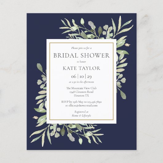 Budget Greenery Navy Blue Bridal Dusche Einladung (Vorderseite)