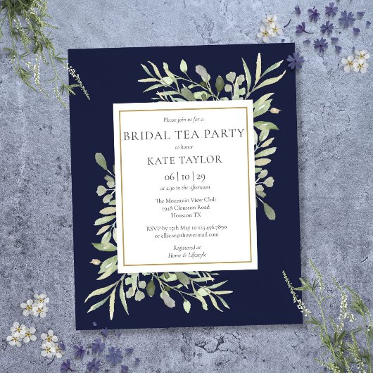 Budget Greenery Navy Blue Bridal Tea Party Einladu