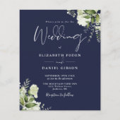 Budget Greenery Navy Blue Wedding Einladung (Vorderseite)