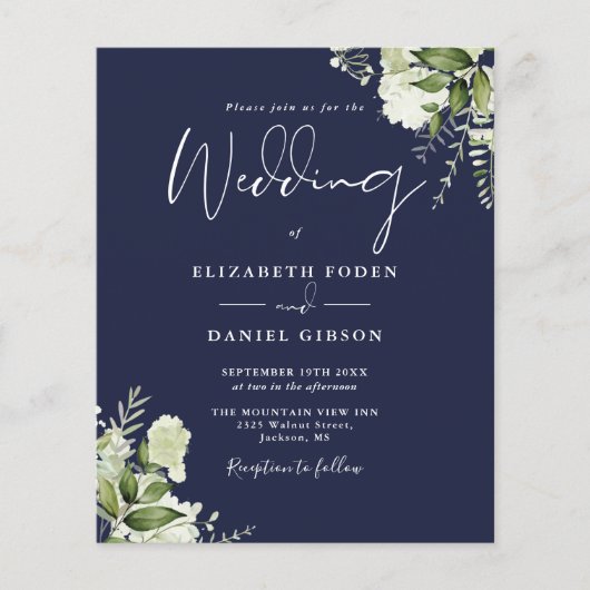 Budget Greenery Navy Blue Wedding Einladung (Vorderseite)