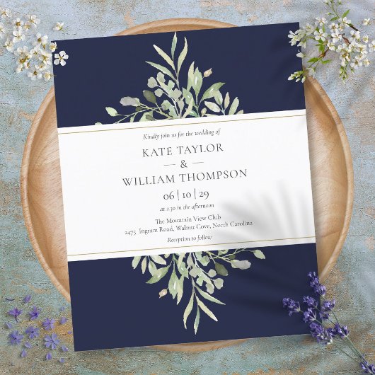 Budget Greenery Navy Blue Wedding Einladung
