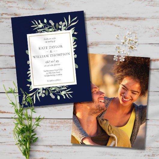 Budget Greenery Navy Blue Wedding Foto Einladung