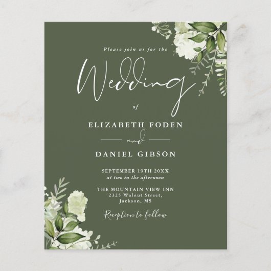 Budget Greenery Olive Green Wedding Einladung (Vorderseite)
