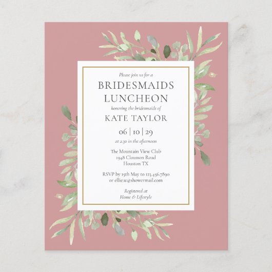 Budget Greenery Pink Bridesmaids Luncheon Einladun (Vorderseite)