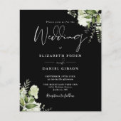 Budget Greenery Schwarz-weiß Hochzeitseinladung (Vorderseite)