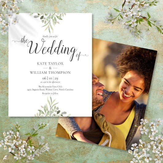 Budget Greenery Script Wedding Foto Einladung