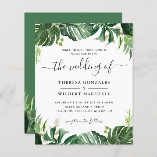 Budget Greenery Tropical Palm Leaf Wedding Einladu (Vorne/Hinten)