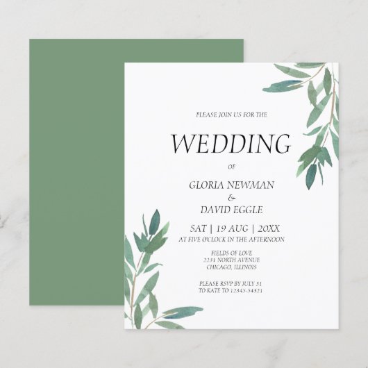 Budget Greenery Watercolor Einladung zur Hochzeit (Vorne/Hinten)