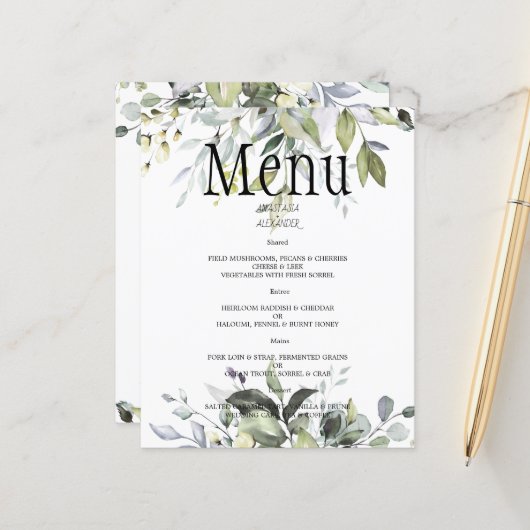 Budget Greenery Watercolor WEDDING MENU. (Vorderseite/Rückseite Beispiel)