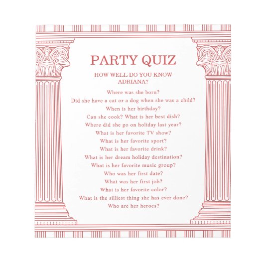 Budget griechische Party Quiz Notizblock (Vorderseite)