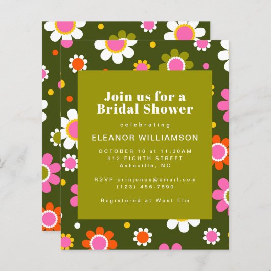 Budget Groovy Blume Olivenöl Brautparty Einladung (Vorne/Hinten)