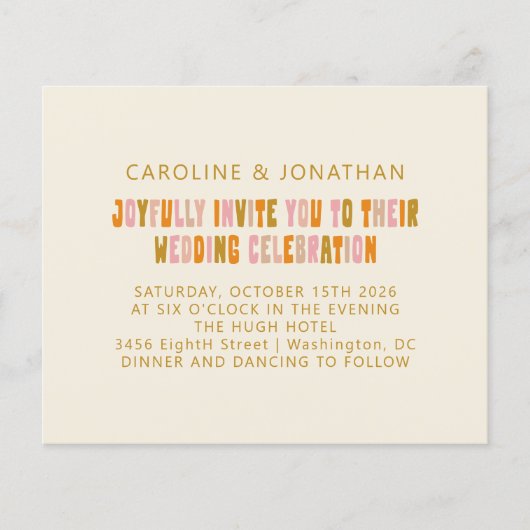 Budget Groovy Orange Pink Retro Hochzeit Einladung (Vorderseite)