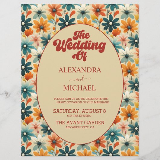 Budget Groovy Retro 70er Floral Wedding Flyer (Vorne)