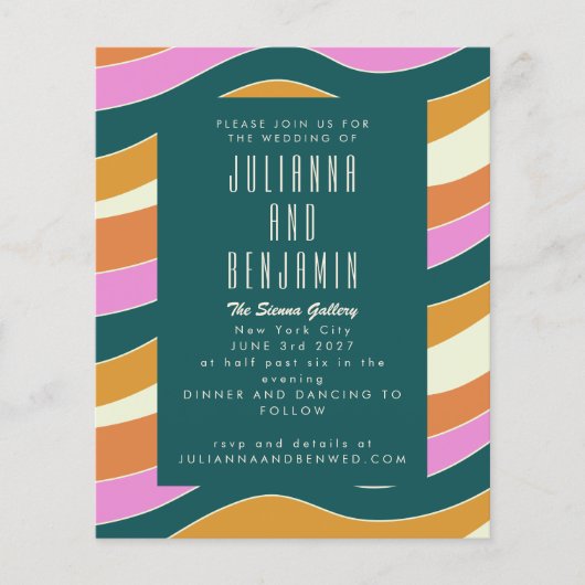 Budget Groovy Retro Pink Green Wavy Lines Hochzeit (Vorderseite)