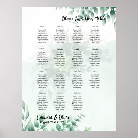 BUDGET Grüne Eukalyptus SITZ CHART Hochzeit Poster (Vorne)