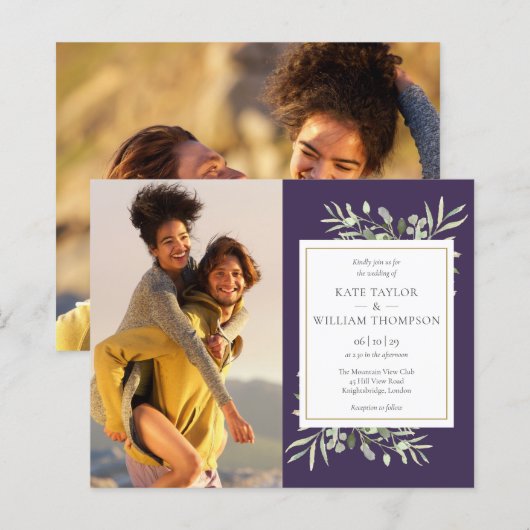 Budget Grüne Lila Foto Hochzeit Einladung (Vorne/Hinten)