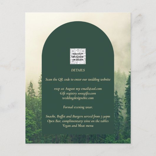BUDGET Grünwald Pine Trees Wedding BODA EINLADEN Flyer (Hinten)