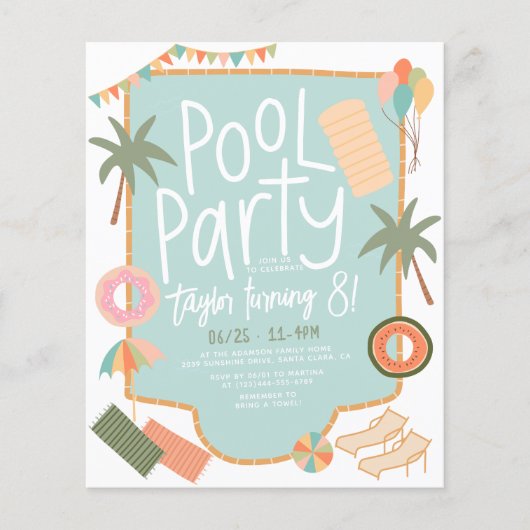 Budget HandGezeichnet Sommer Fun Pool Party Geburt (Vorderseite)