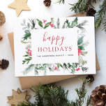 Budget Happy Holidays Weihnachten Grüne Rote Karte<br><div class="desc">Günstige Weihnachtsfeiertage mit Grün,  Eukalyptus,  Heiligen Bereren und einfachem rotem Hintergrund.</div>