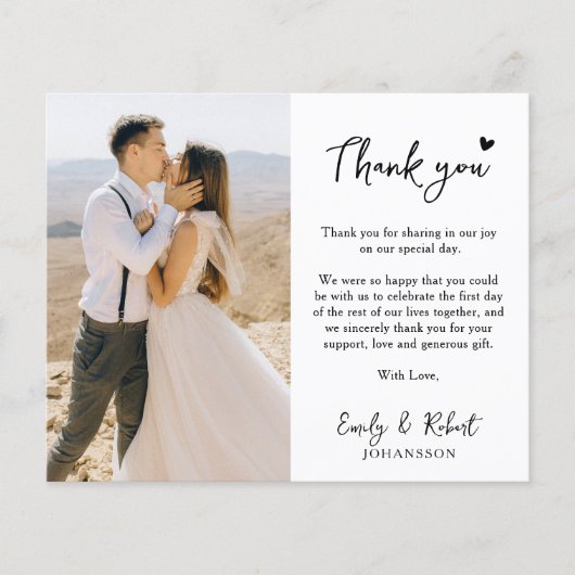 Budget Heart Script Wedding Danke Foto Card (Vorderseite)