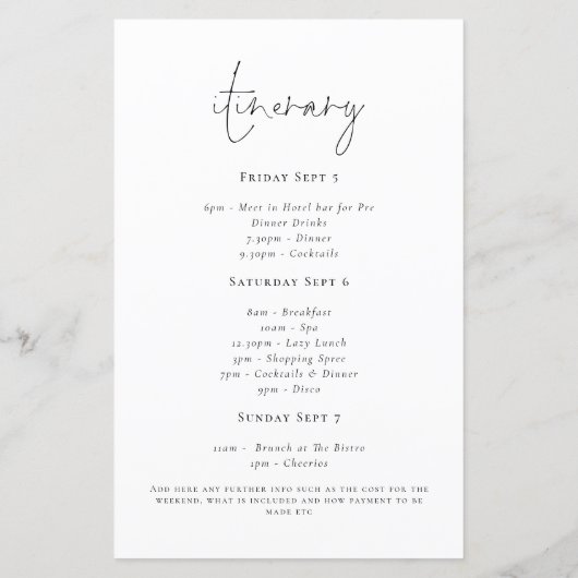 Budget Hen Party Script Itinerary Weekend Einladun (Rückseite)