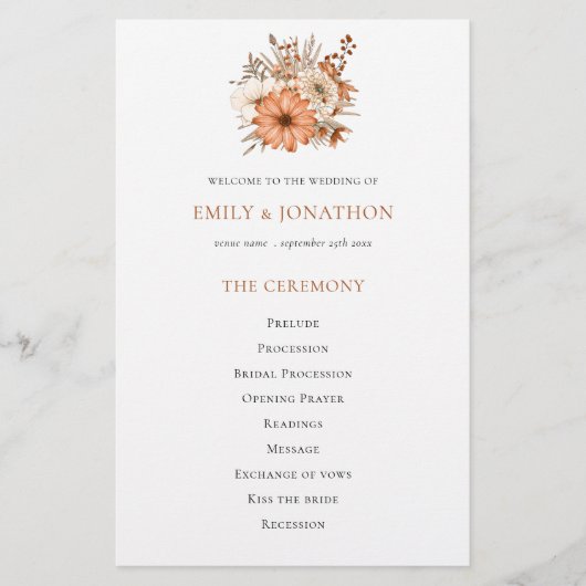 Budget Herbst Florals Foliage Wedding Programm (Vorderseite)