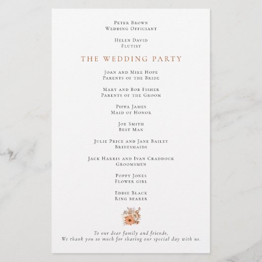 Budget Herbst Florals Foliage Wedding Programm (Rückseite)