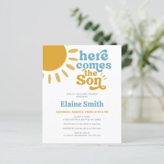 Budget Hier kommt der Sohn Baby Dusche Einladung (Stehend Vorderseite)