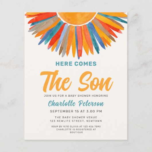 Budget Hier kommt die Son Baby Dusche Einladung (Vorderseite)