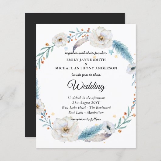 Budget Hochzeit Einladung Winter Blue Floral (Vorne/Hinten)