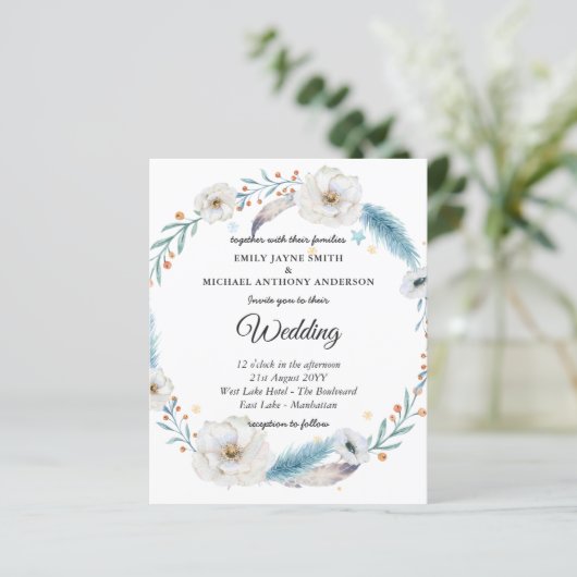 Budget Hochzeit Einladung Winter Blue Floral (Stehend Vorderseite)