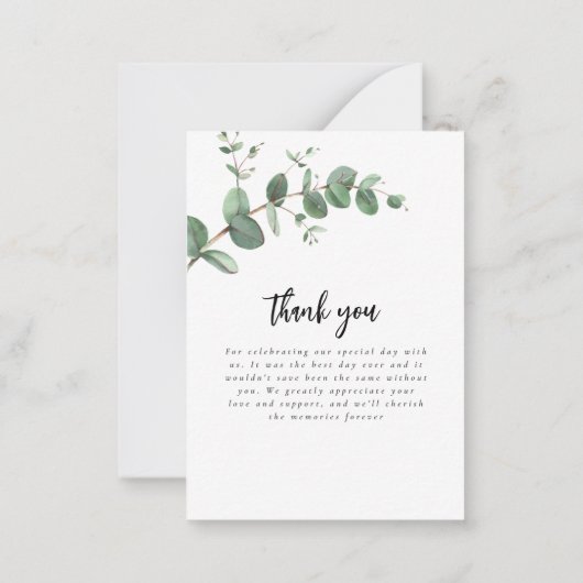 Budget Hochzeit Eukalyptus grün Details danke Mitteilungskarte (Rückseite)