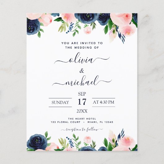 Budget Hochzeit Navy Blush Pink Blues Flyer (Vorne)