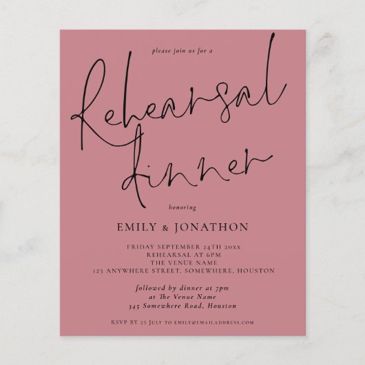 Budget Hochzeit Probe Dinner Dusty Rose Einladung (Vorderseite)