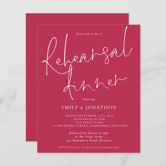 Budget Hochzeit Probe Dinner Magenta Einladung (Vorne/Hinten)