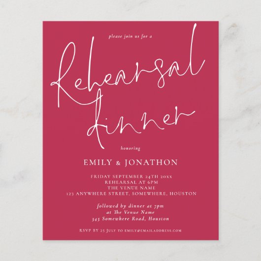 Budget Hochzeit Probe Dinner Magenta Einladung (Vorderseite)