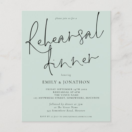 Budget Hochzeit Probe Dinner Mint Green Einladung (Vorderseite)