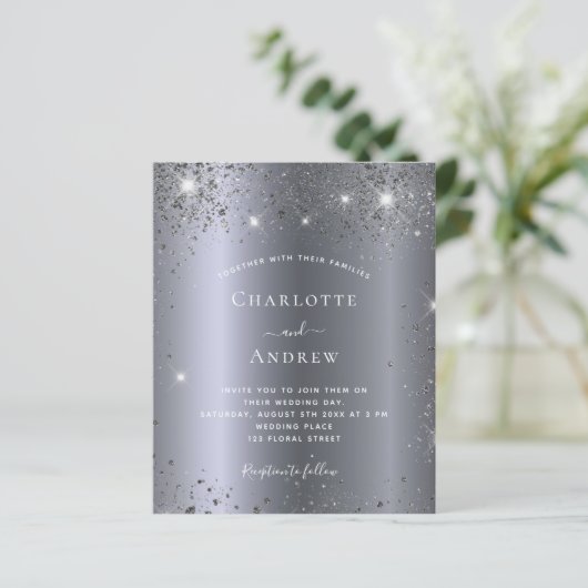 Budget Hochzeit silber Funkelglasur Einladung (Stehend Vorderseite)