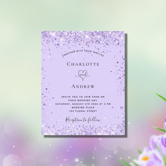 Budget Hochzeit violett Glitzer-Skript Einladung