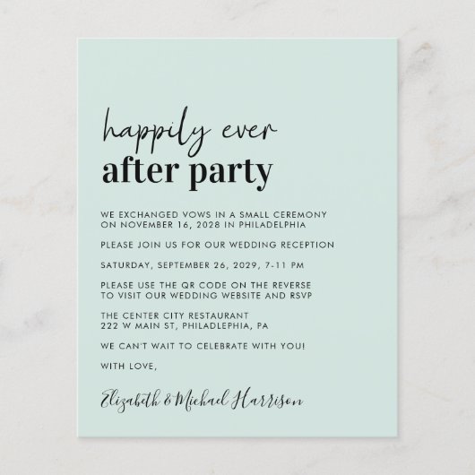 Budget Hochzeitempfang QR Code Minze Einladung (Vorderseite)