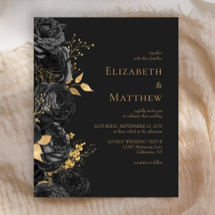 Budget-Hochzeits-Einladung Black Gold Floral Dark