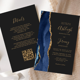 Budget-Hochzeits-Einladungskarte Navy Blau Gold QR