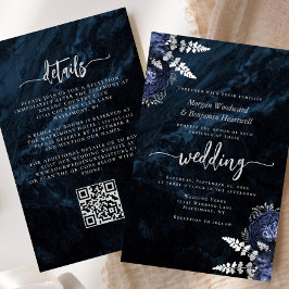 Budget Hochzeitseinladung mit Silber Blumen QR Cod