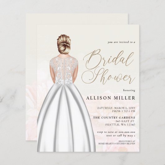 Budget Hochzeitskleid Brautdusche Einladung (Vorne/Hinten)