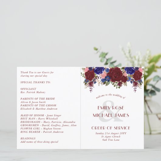 Budget Hochzeitsprogramm Burgundy Blue Rose Blume (Stehend Vorderseite)