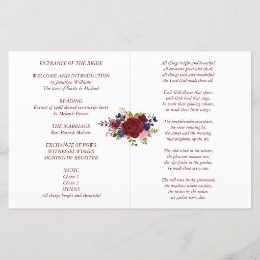 Budget Hochzeitsprogramm Burgundy Blue Rose Blume (Rückseite)